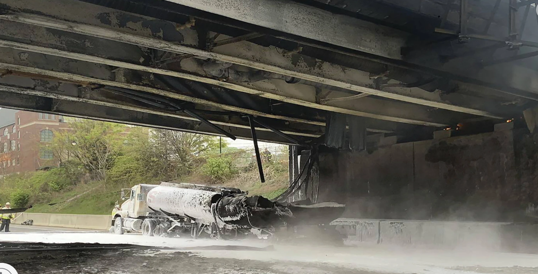 Burned truck under bridge in Norwalk, CT